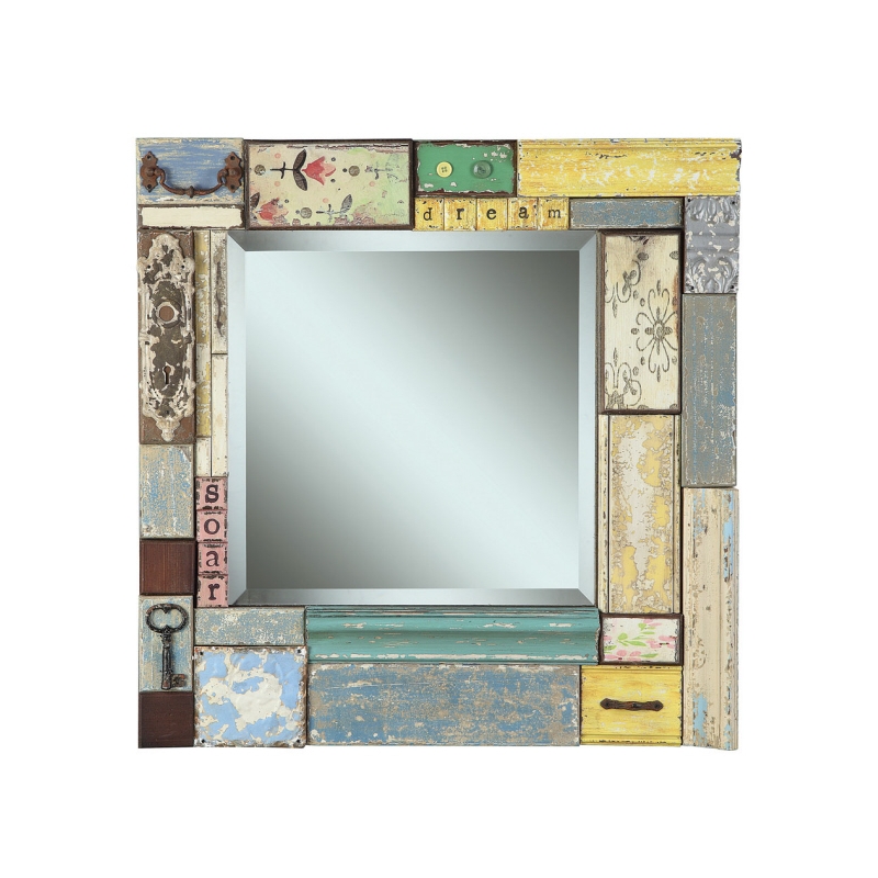 24"Square x 2-1/8"W Fir & MDF Block Framed Beveled Mirror w/ Embellishments ©