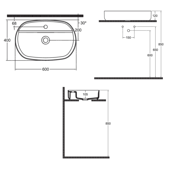 valamu töötasapinnale,  SINTESI 60x40cm,  valge