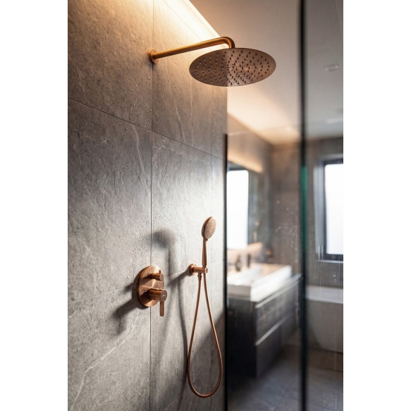 Shower holder with outlet, fixed, round, copper matt