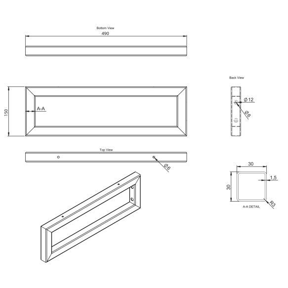 valamu kandur 490x150x30 mm, harjatud roostevaba teras