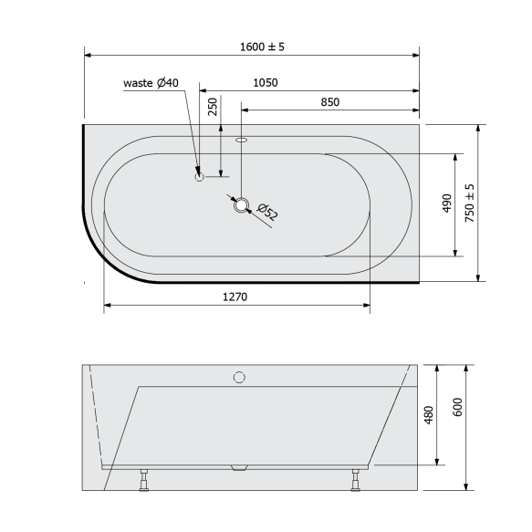 monoliitvann Astra R Asymmetric 160x75x60 cm, hall