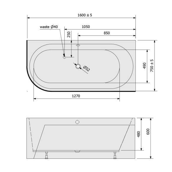 monoliitvann ASTRA R 160x75x60cm, valge/must