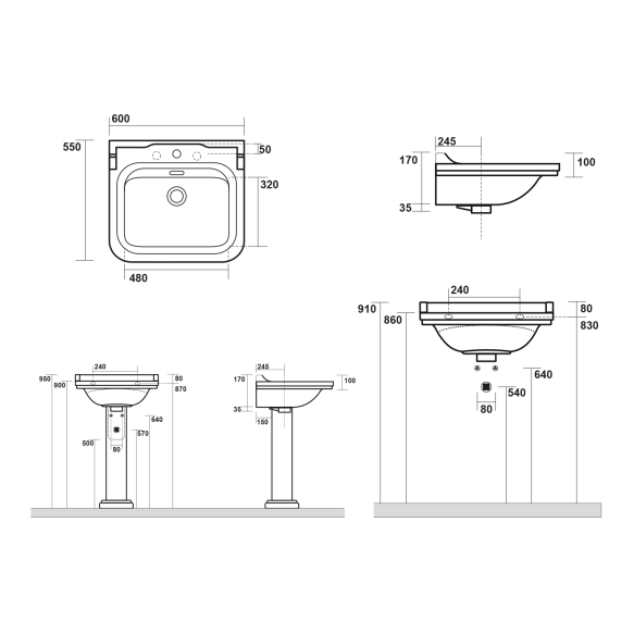 keraamiline valamu WALDORF 60x55 cm, 3 segistiava, valge