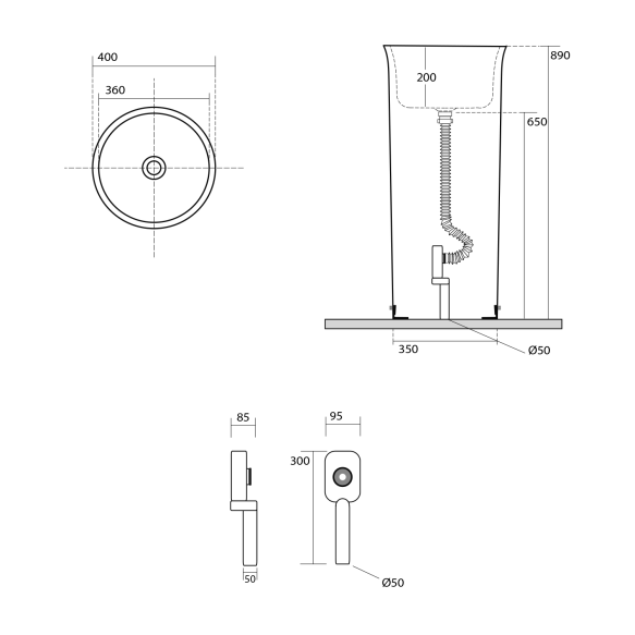 eraldiseisev valamu New Yorker, äravool põrandasse, valge
