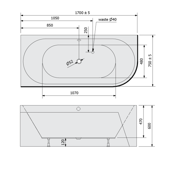 monoliitvann Viva L Asymmetric 170x75x60 cm, hall