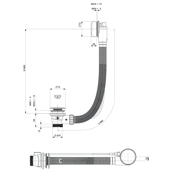 vannisifoon vanni veega täitmise funktsiooniga (L) 600mm, Plug 72mm, matt must
