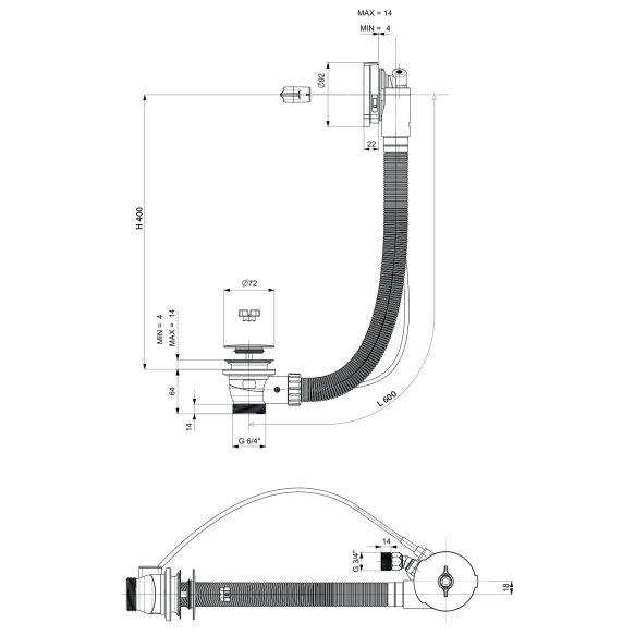 vannisifoon vanni veega täitmise funktsiooniga (L) 600mm, Plug 72mm, kroom