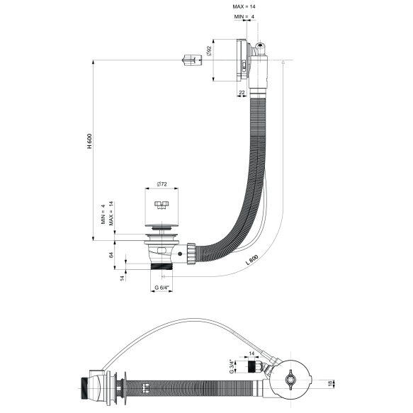 vannisifoon vanni veega täitmise funktsiooniga (L) 800mm, Plug 72mm, kroom