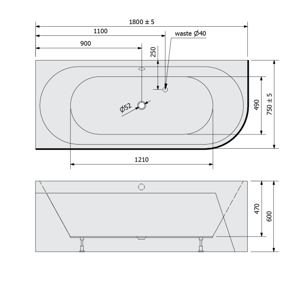 monoliitvann Viva L Asymmetric 180x75x60 cm, hall
