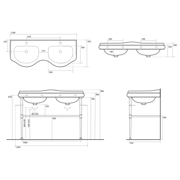 RETRO construction for double washbasin 120cm with shelf, chrome