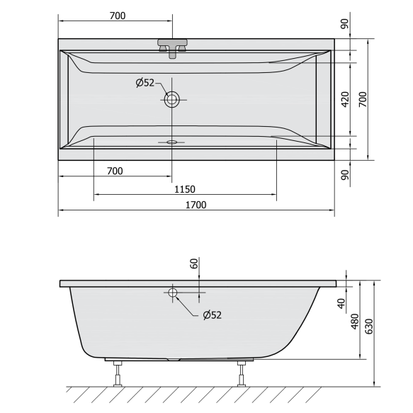 vann Cleo 170x70x48 cm, matt must