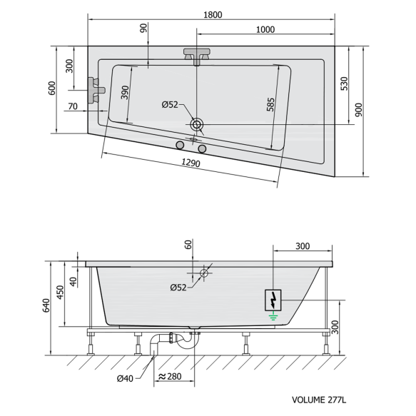 massaaživann  ANDRA R  180x90x45cm,  Active Hydro,  kroom