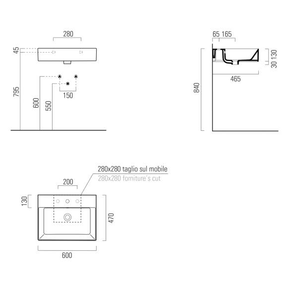 keraamiline valamu KUBE X 60x47 cm, 3 segistiava, valge ExtraGlaze