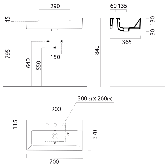 valamu KUBE X 70x37cm,  tasaseks lihvitud põhi,  3 segistiava, valge ExtraGlaze
