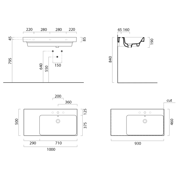 valamu NUBES 100x50cm,  L,  valge matt