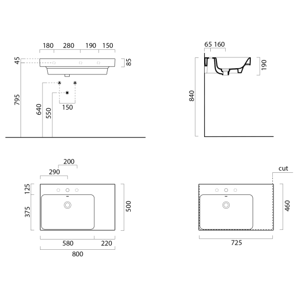 valamu NUBES 80x50cm,  R,  must matt