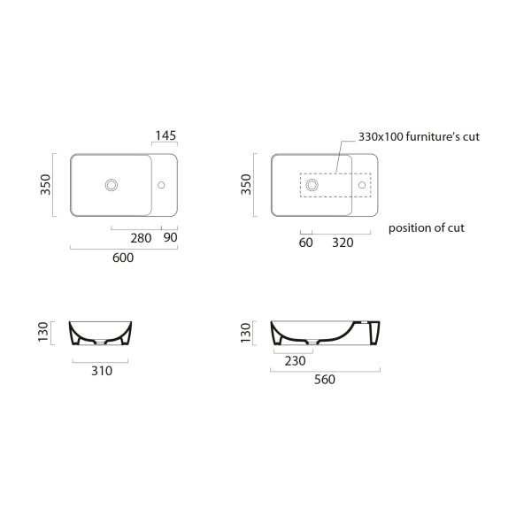 MODO countertop ceramic washbasin 60x35cm, without tap hole, creta matt