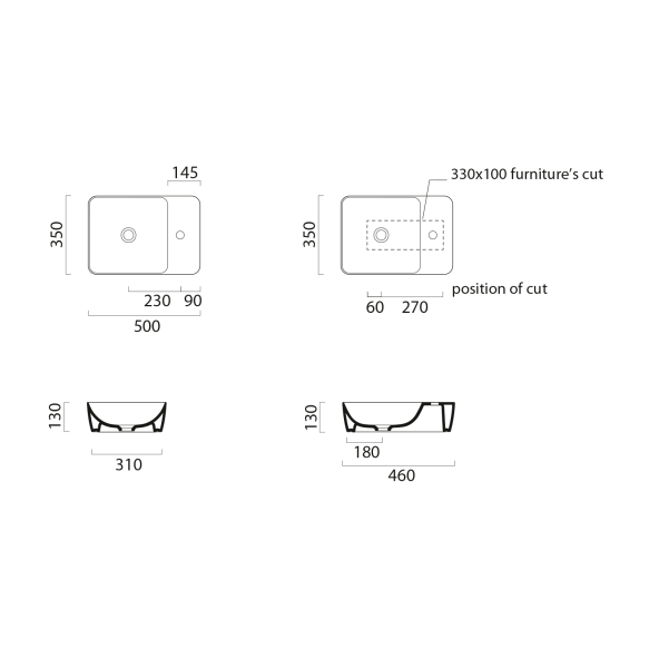 MODO countertop ceramic washbasin 50x35cm, without tap hole, ghiaccio matt