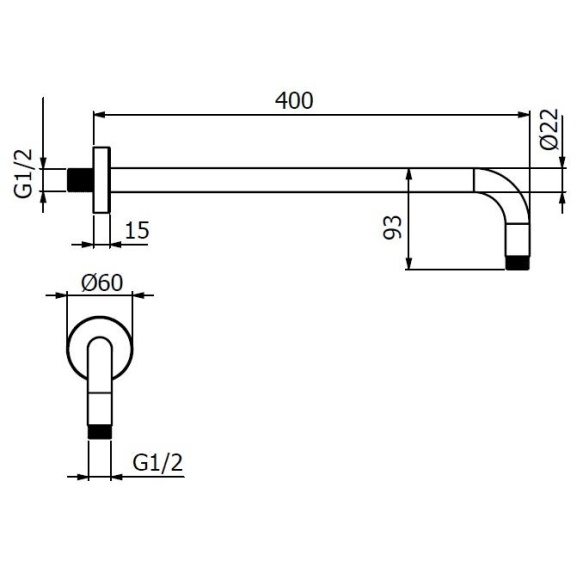 ümar horisontaalne dušitoru L 400 mm, matt valge