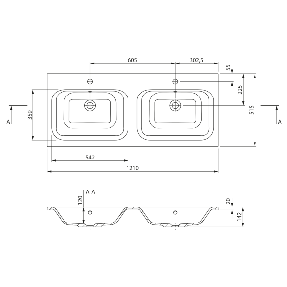 kivimassist valamu,  ARECA 121x51, 5cm,  valge