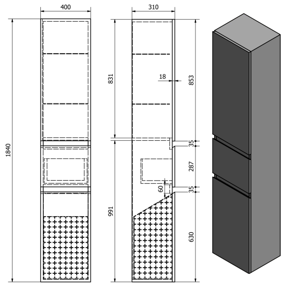 kõrge vannitoakapp Altair pesukorviga 40x184x31cm, tamm