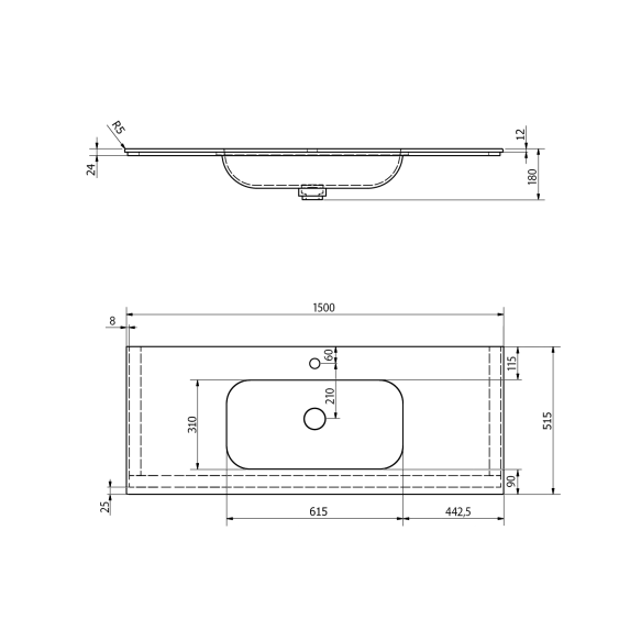 valamu ARUBA Double Central, 150x51.5 cm, valge matt