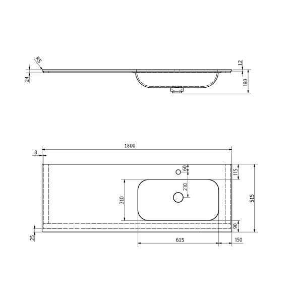 valamu ARUBA R, 180x51.5 cm, valge matt