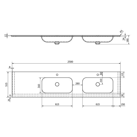 valamu ARUBA R, 250x51.5 cm, valge matt