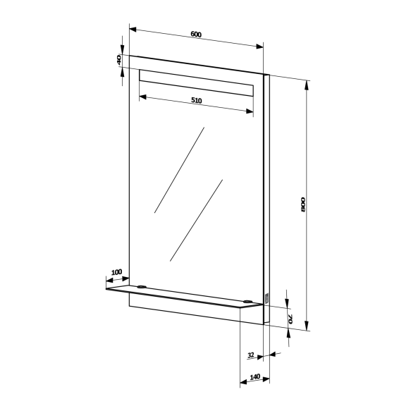 klaasist riiuliga LED taustvalgustusega peegel 60x80cm, nupuga lülitus