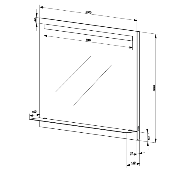 klaasist riiuliga LED taustvalgustusega peegel 100x80cm, nupuga lülitus