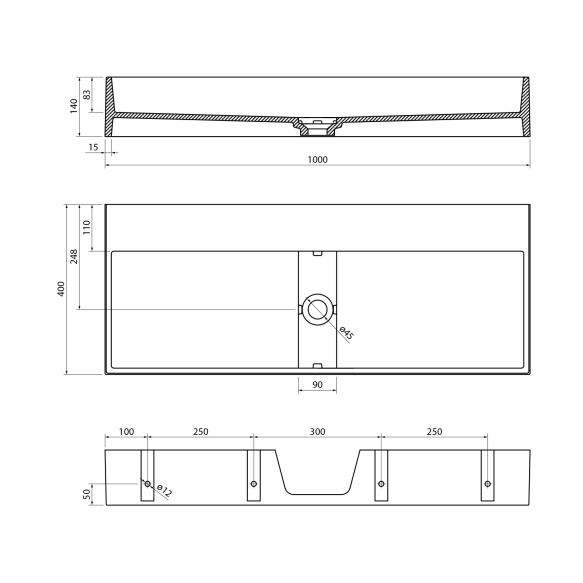 CUBIS washbasin, cast marble, 100x40cm, without tap hole, white
