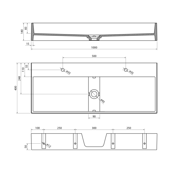 CUBIS washbasin, cast marble, 100x40cm, two tap holes, white