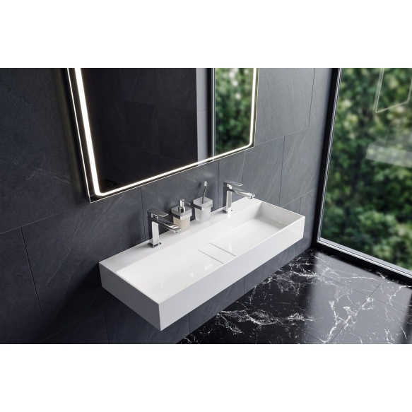 CUBIS washbasin, cast marble, 100x40cm, two tap holes, white
