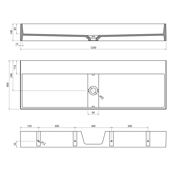 CUBIS washbasin, cast marble, 120x40cm, without tap hole, white