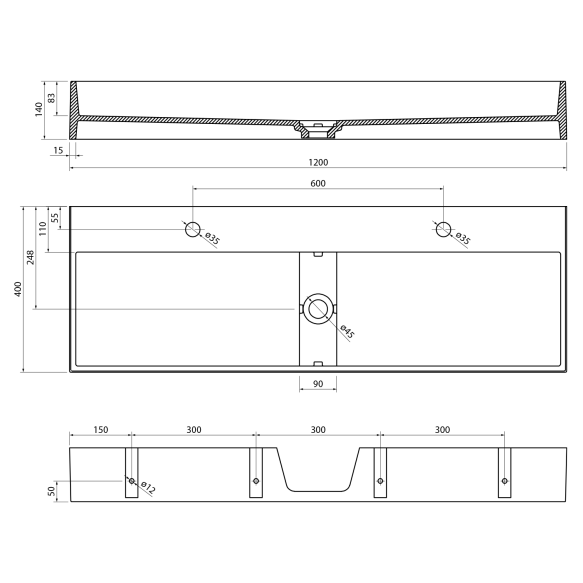 CUBIS washbasin, cast marble, 120x40cm, two tap holes, white