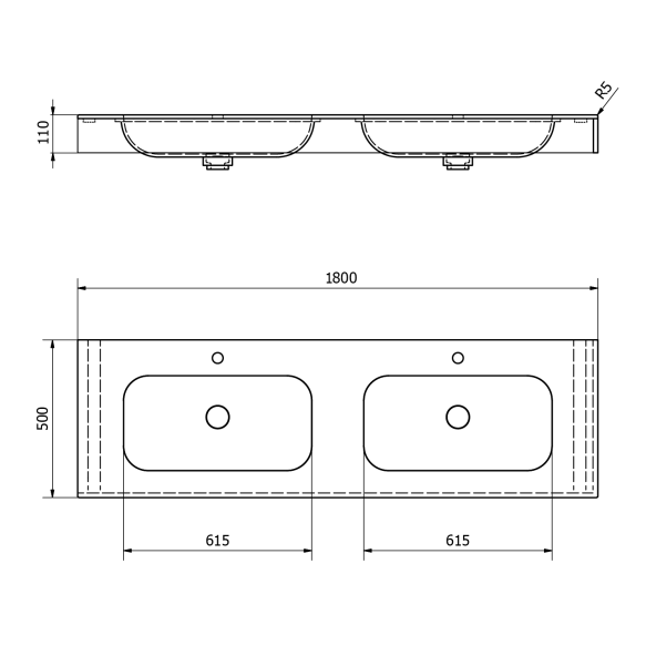 valamu EMICO double Central, versioon L, 180x50 cm, valge matt