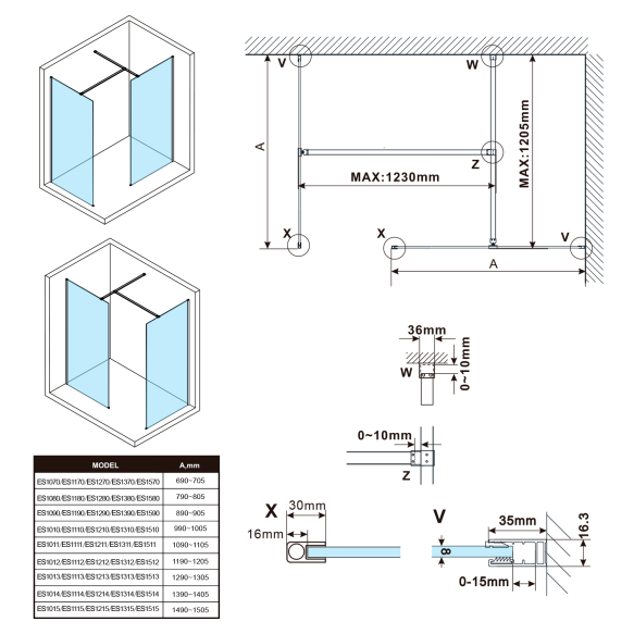dušisein Esca, kirgas klaas 767x2100mm