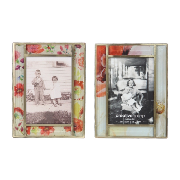 4x4" Glass Photo Frame w/ Floral Image, 6-1/4" Square, 2 Styles