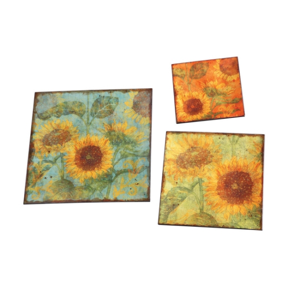 12" Square Decorative Trays w/ Sunflowers, Set of 3