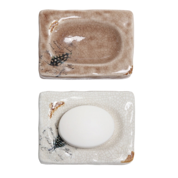 5-1/4"L Stoneware Soap Dish w/ Feather Decal, 2 Styles