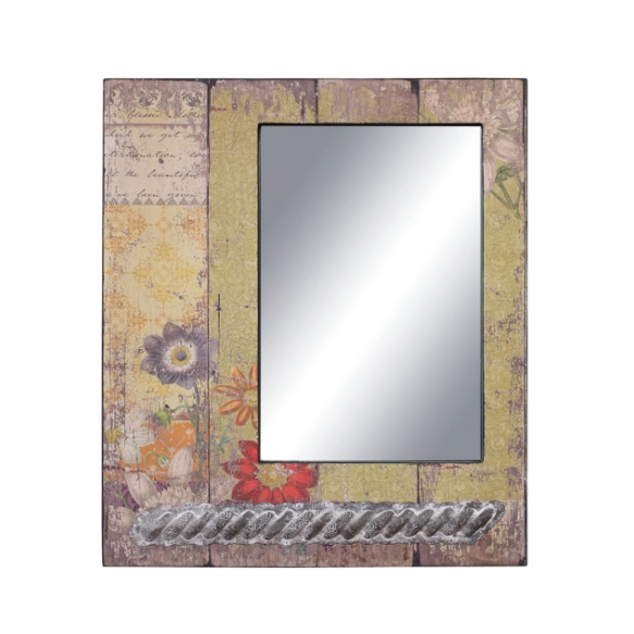 25"L x 30"H Wood Framed Mirror w/ Tin Accent & Floral Print, Mirror Size 13-1/2"L x 20"H