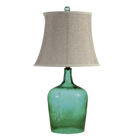 27"H Glass Table Lamp w/ Linen Shade, Green,(3 Way, 100 Watt Bulb Maximum)
