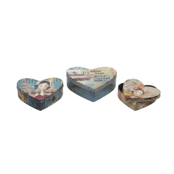 6-1/4", 7-1/4", & 8-1/4"L Tin Heart Boxes, Set of 3