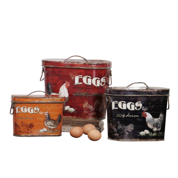 12"L Tin Boxes w/ Rooster & Eggs, Set of 3 