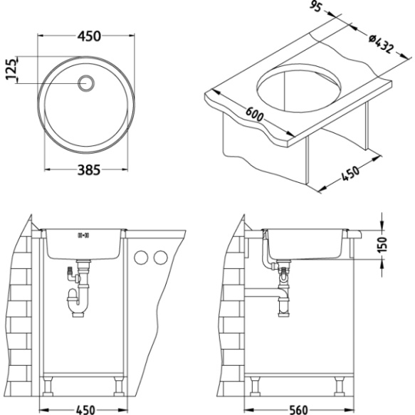 round stainless steel basin FORM 10, diam 45 cm, waste 1 1/2´´, satin finish. Drain not included.