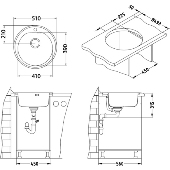 ümar köögivalamu FORM 30, diam  51 cm, h 18,5 cm, äravool 3 1/2´´, roostevaba, linatekstuur. Sifoon ei kuulu komplekti.