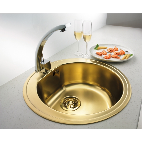 round stainless steel basin FORM 30 MONARCH, diam 51 cm, height 18,5 cm, waste 3 1/2´´, golden finish. Drain is included.