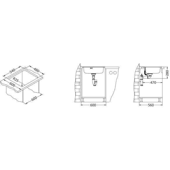 square stainless steel basin MORE 10, 56x50 cm, height 16 cm, waste 3 1/2´´, satin finish. Drain not included.