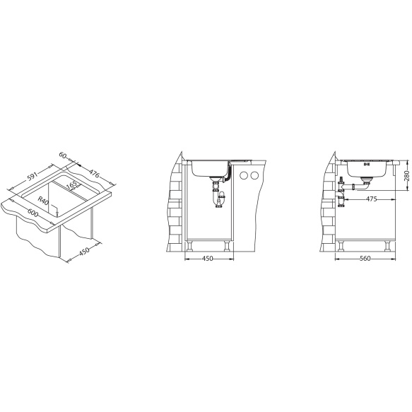 square stainless steel basin with worktop ZOOM 10, 61.5x50 cm, height 15.5 cm, waste 3 1/2´´,linen finish. Drain not included.