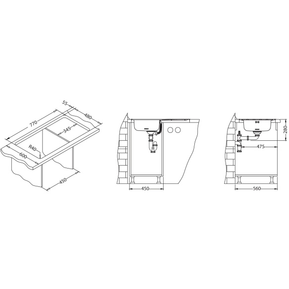 square stainless steel basin with worktop ZOOM 20, 79x50 cm, height 15.5 cm, waste 3 1/2´´, satin finish. Drain not included.